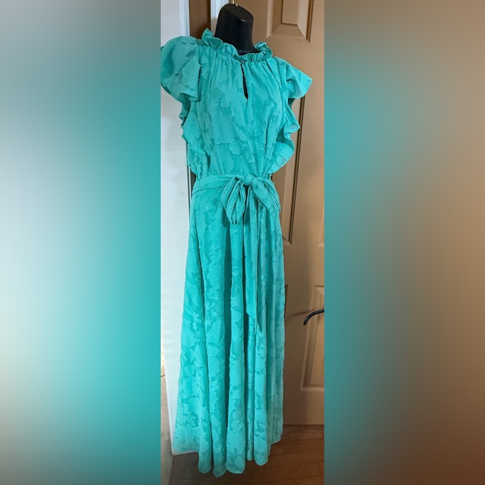 Tahari Teal Ruffle Maxi Dress